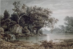Forest landscape by the water at moonrise by Arnold Böcklin